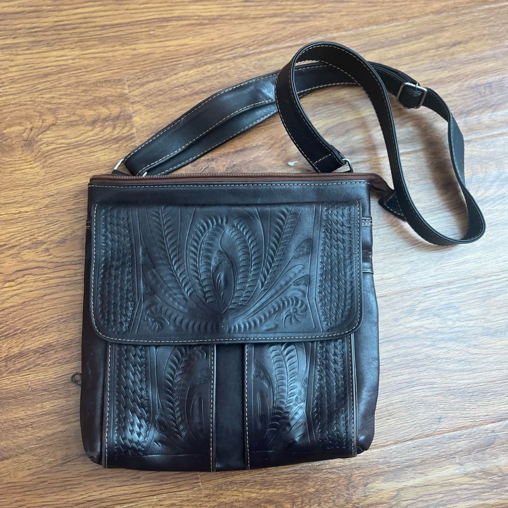 Robin West Hand Tooled Chocolate Brown Leather Crossbody Bag